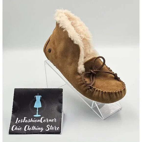 UGG Kid's Tan Suede Alena Shearling-Lined Moccasin Slippers Size 3 2513 - Picture 14 of 16